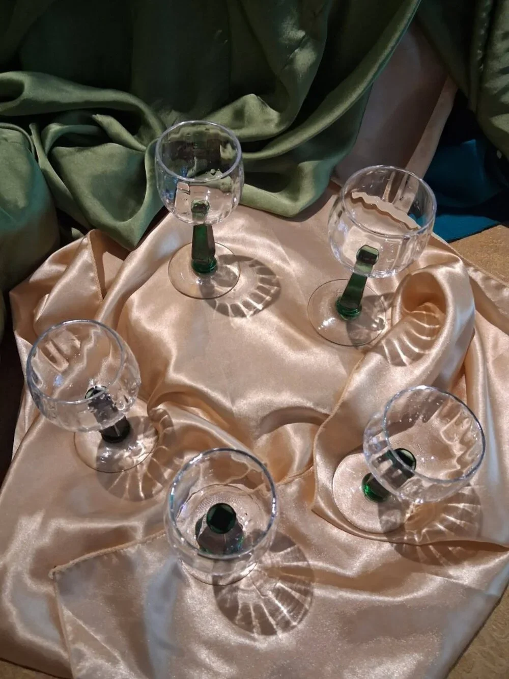 Vintage Green Stemmed Roemer Rhine Wine Glasses Optic Bowl Set of 5